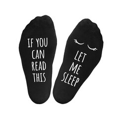 Naisten sukat, joissa pohjan alla teksti "Let me sleep".